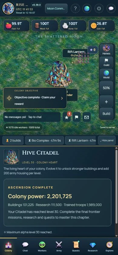 Colony gameplay with buildings, roads and resource counters